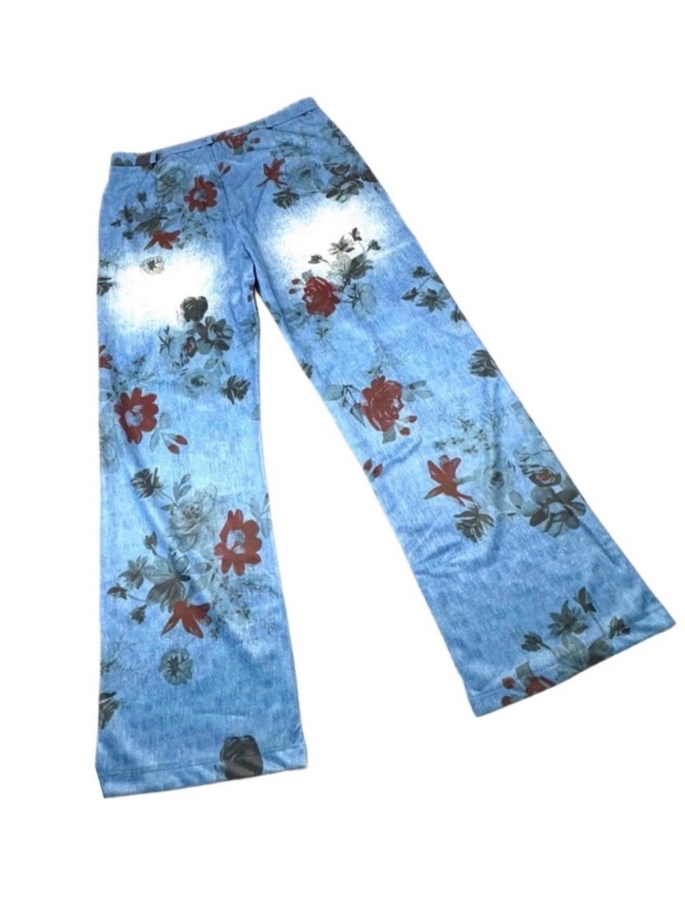 High Waisted Floral Wide Leg Polyester Faux Denim Pants XL